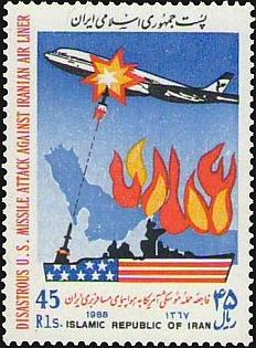 Iranische Briefmarke mit der Darstellung vom Abschuss des Passagierflugzeugs, ausgegeben am 11. August 1988